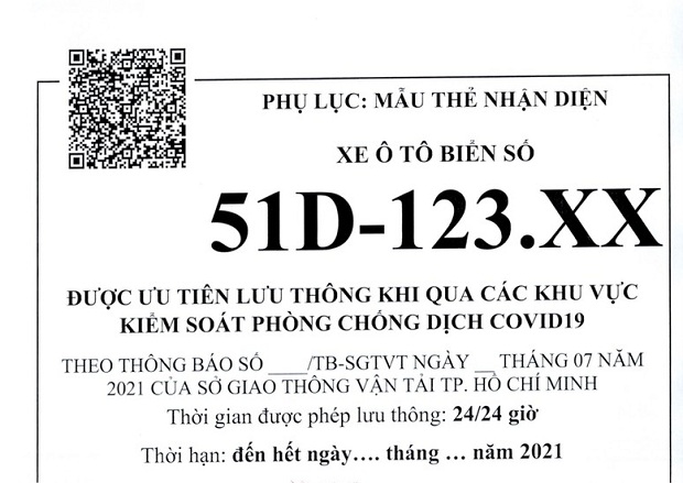 Ví dụ về mẫu giấy nhận diện phương tiện kết hợp mã QR code tại Thành phố Hồ Chí Minh